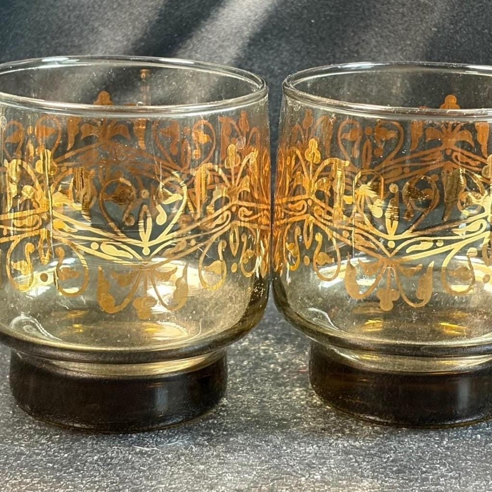 Libbey Vintage Rocks Glasses Smoky Amber Gold Filigree MCM Barware Set of 2